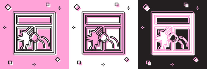 Set Broken window icon isolated on pink and white, black background. Damaged window. Beaten windowpane concept. Vandalism. Vector