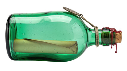 Isolated green vintage bottle with message inside, sealed with wax, pirate theme concept