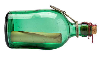 Isolated green vintage bottle with message inside, sealed with wax, pirate theme concept