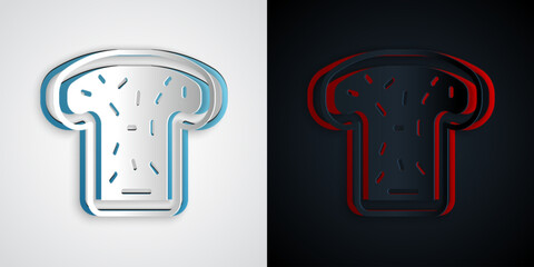 Paper cut Bread toast for sandwich piece of roasted crouton icon isolated on grey and black background. Lunch, dinner, breakfast snack. Paper art style. Vector