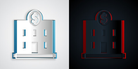 Paper cut Bank building icon isolated on grey and black background. Paper art style. Vector