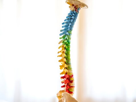 3D anatomical spine render showing color-highlighted vertebrae to represent lumbar pain or injury. Clean white background ideal for medical, chiropractic, orthopedic, and healthcare educational visual