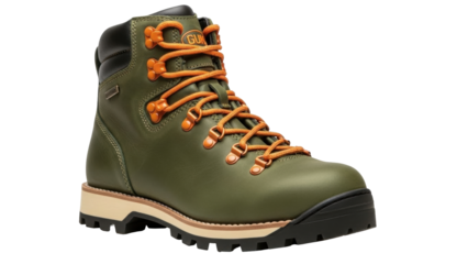 Isolated olive green leather hiking boot with orange laces for outdoor adventures on display