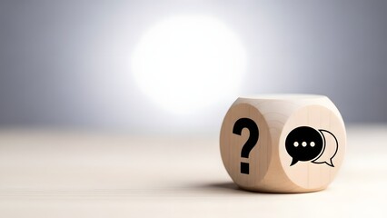 Question mark and speech bubbles on wooden cube, communication help support