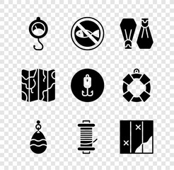 Set Spring scale, No fishing, Rubber flippers for swimming, Fishing spoon, Spinning reel, Folded map, and hook icon. Vector © vector_v