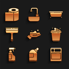 Set Washing hands with soap, Bottles for cleaning agent, Kitchen dishwasher machine, Bucket suds, Spray bottle detergent liquid, Rubber cleaner windows, Bathtub and Toilet paper roll icon. Vector