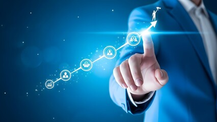 Professional pointing at a glowing arrow representing business growth and success