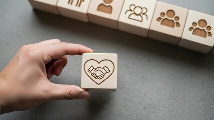 Solidarity and trust: hand holds wooden block with heart handshake symbol