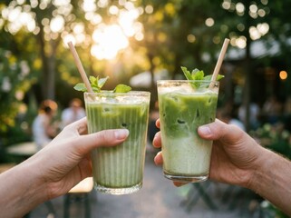 A backlit close-up shot captures two hands holding fresh, vibrant green iced matcha lattes topped with mint and bamboo straws, toasting in a relaxed outdoor garden cafe during golden hour.
