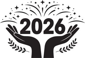 Obraz premium Black 2026 numbers held by cupped hands with laurel branches and fireworks