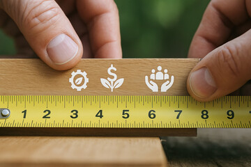 Measuring ESG performance with tape rule, showing icons for environment, finance, and people representing sustainability evaluation and impact tracking.