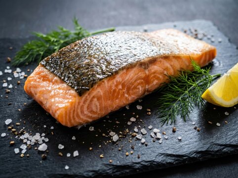A high-contrast close-up shot captures a perfectly seasoned salmon fillet with an appetizing orange glow, garnished with dill and a lemon wedge on a dark slate board. - Powered by Adobe