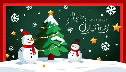 A cheerful, snowy Christmas banner featuring two cute snowmen, a star-topped tree, and elegant Merry Christmas Happy New Year text. Perfect for holiday greeting cards, flyers, and digital designs.