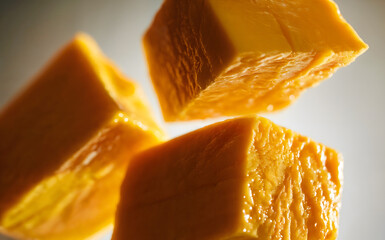 Macro juicy mango cubes falling in air, fresh yellow fruit chunks floating, sweet organic healthy snack, wet textured food ingredient, summer dessert slice closeup.