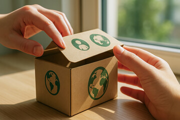 Hands opening eco-friendly cardboard box with green planet and people icons concept of sustainable packaging, ethical logistics, and ESG delivery