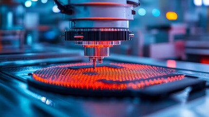 A modern laser machine processes microchips, demonstrating high-tech manufacturing — a fitting backdrop for articles on advances in electronics and engineering.