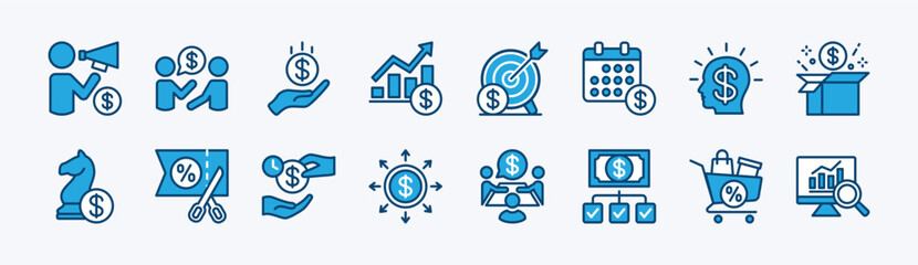 Marketing icon set. Contains advertising, promotion, social media, target, strategy, shopping discount, bonus, management, meeting, analytics, idea, discussion, loan - vector illustration
