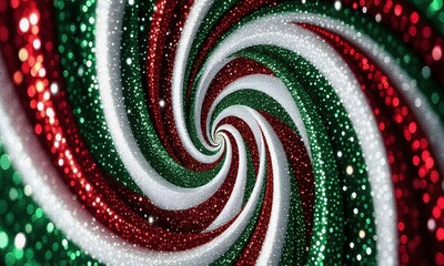 Dazzling Christmas Candy Cane Swirl Background with Red, Green, and White Glitter Sparkle Texture