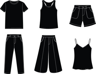 Minimalist Black Clothes Vector Set, Basic Silhouette Templates for T-Shirt, Tank Top, Shorts, Wide-Leg Pants, Trousers, and Camisole Design Fashion Flat Sketch Collection, Isolated