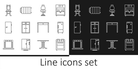 Fototapeta premium Set line Oven, Refrigerator, Office chair, Wardrobe, Closed door, Chair, Wooden table and Heating radiator icon. Vector