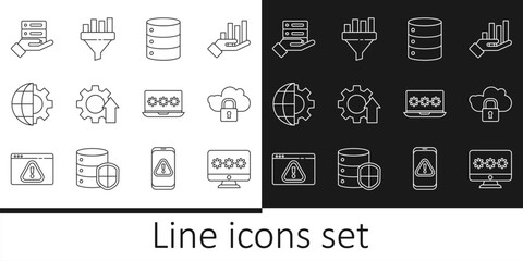 Set line Monitor with password, Cloud computing lock, Server, Data, Web Hosting, Arrow growth gear, Globe of the Earth and, Laptop and Sales funnel chart icon. Vector
