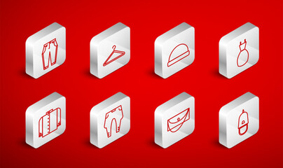 Set line Police cap with cockade, Hanger wardrobe, Beanie hat, Woman dress, Clutch bag, Pants, and T-shirt icon. Vector