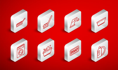 Set line Dishwashing liquid bottle and plate, Brush for cleaning, Water tap, Plastic basin, Bar of soap, with suds and Washer icon. Vector