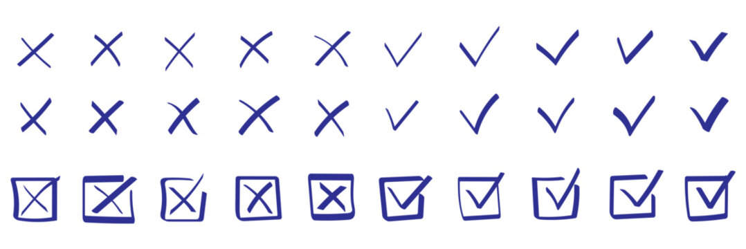 Check tick mark icon set, hand drawn doodle red cross box x check mark green checkbox v, sketch marker checklist symbol right and wrong set - stock vector