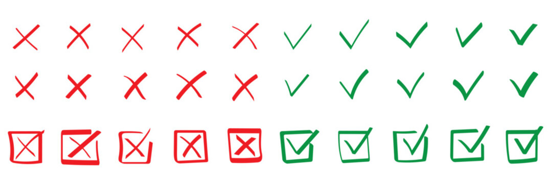 Check tick mark icon set, hand drawn doodle red cross box x check mark green checkbox v, sketch marker checklist symbol right and wrong set - stock vector