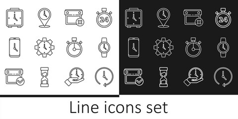 Set line Clock, Wrist watch, Calendar date delete, Time Management, Alarm clock app mobile, Stopwatch and Location with icon. Vector