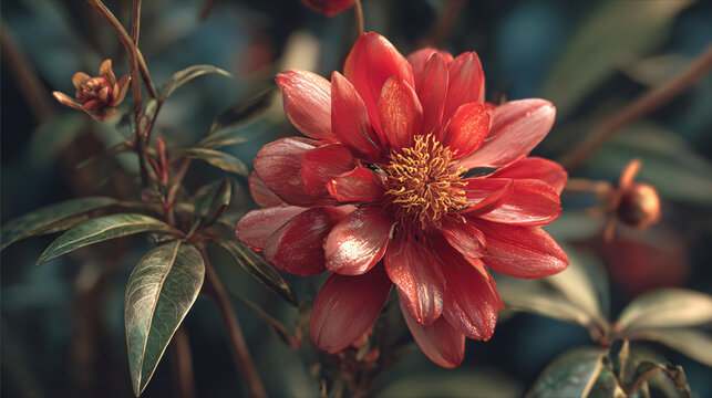 A close-up view of a vibrant red flower with delicate petals and a yellow center - Powered by Adobe