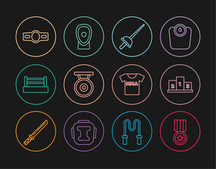 Set line Medal, Award over sports winner podium, Fencing, Gong, Boxing ring, belt, T-shirt with fight club MMA and training paws icon. Vector
