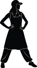 Strong, confident, and sporty woman silhouette standing with hands on hips, wearing a flowing dress over baggy trousers and a baseball cap, isolated black vector illustration.