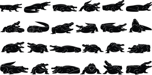 Stylized Black Silhouettes of Crocodiles and Alligators in Various Poses, Including Lying Down, Walking, and Opening Jaws, for Nature, Wildlife, and Zoo Related Vector Illustration Content.
