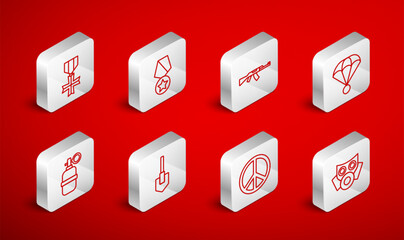 Set line Gas mask, Military reward medal, Submachine gun, Parachute, Peace, Shovel and Hand grenade icon. Vector