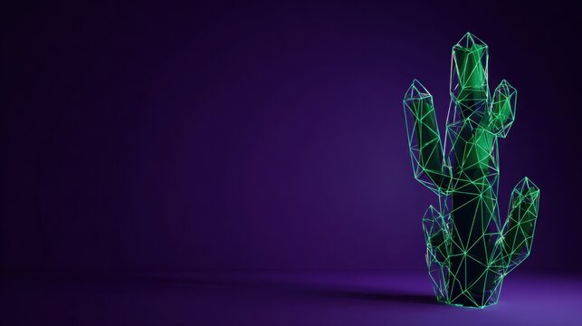 bright neon green geometric cactus made of glass polygons placed on deep purple background, sharp contrast, futuristic minimal concept of digital - Powered by Adobe
