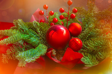 Christmas decorations, red balls, green tree branches, New Year's atmosphere