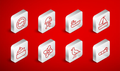 Set line Inflatable boat with motor, Jellyfish, Cargo ship, Yacht sailboat, Bird seagull, Ship porthole, Boat propeller and Cruise icon. Vector