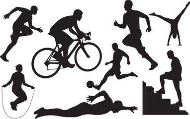 Diverse collection of common silhouette vehicles and essential transportation modes, showcasing cars, buses, trucks, motorcycles, and bicycles for mobility designs