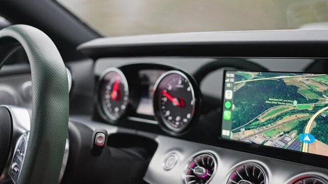 Driving Map Overview, Navigation Controls Along With Map View And Vehicle Information Panel, Overview Of Navigation Maps With Vehicle Route Display And User Interface Dashboard Elements