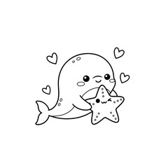 Funny cartoon animal vector art drawing with a cute whale and starfish character smiling isolated
