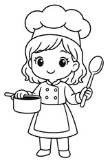 Little girl cartoon chef character cooking a meal in a kitchen uniform and hat vector illustration