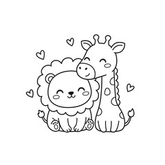 Cute cartoon lion and giraffe illustration vector for a fun baby shower card, featuring a coloring alphabet 