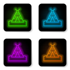 Glowing neon line Traditional indian teepee or wigwam icon isolated on white background. Indian tent. Black square button. Vector © vector_v