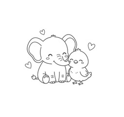 Funny baby elephant and duckling cartoon vector illustration sketch for coloring book outline design with a flower and heart