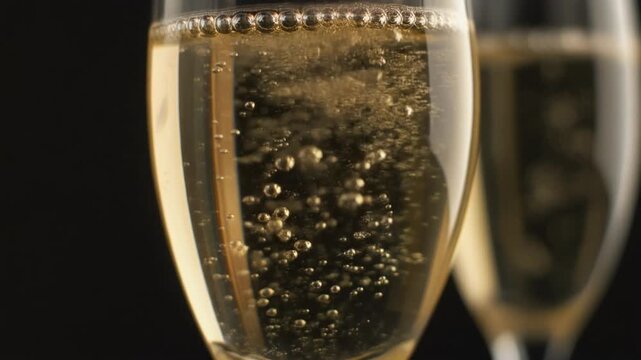 Macro shot of champagne bubbles rising in a flute glass