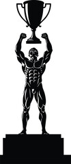 PrintMuscular Bodybuilder Athlete Champion Holding High a Victory Trophy Cup Silhouette Vector Illustration, Achievement, Competition, Success, Fitness, and Sport Concept.
