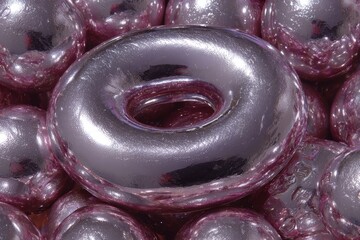 An assortment of shiny, metallic pink donuts in an overhead close-up view, evoking a playful and indulgent aesthetic, where textures and reflections create a compelling visual