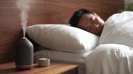 peaceful bedroom scene with a person asleep in bed and a modern aroma active diffuser create an atmosphere of ultimate relaxation, sleep wellness, and self-care