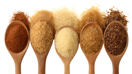 Variety of sugars and spices on wooden spoons isolated on transparent background